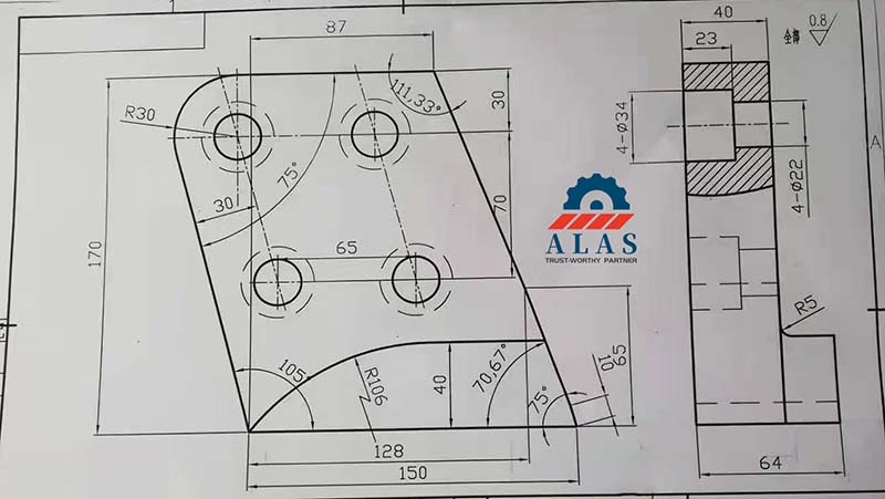 Technical 2D CAD drafting blueprint with detailed specifications and dimensions for custom excavator shear wear parts