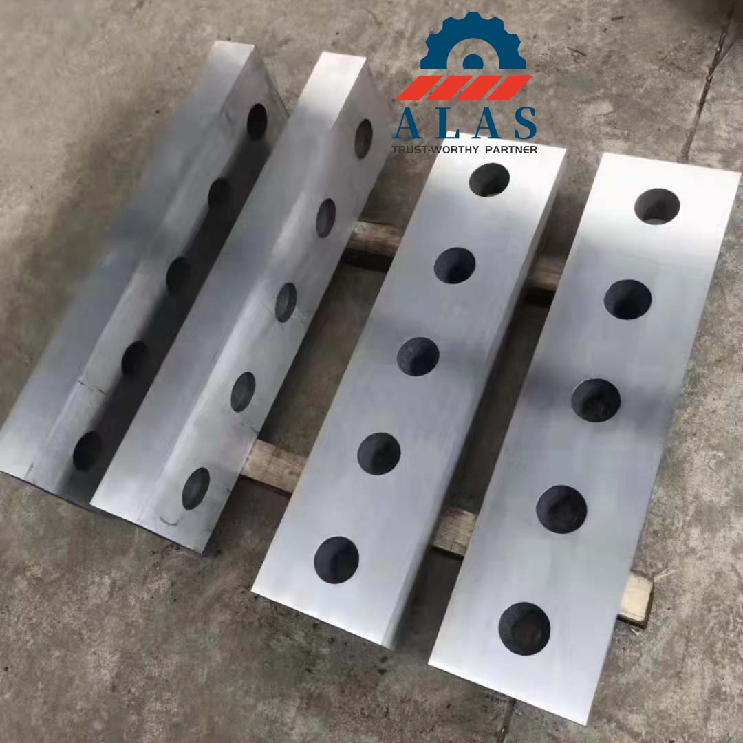 High-precision metric multi-hole scrap metal shear blades ground to calibrated flatness tolerances