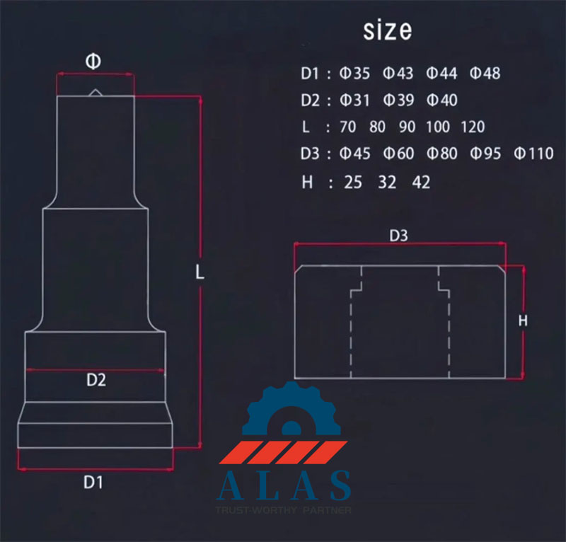 Standard dimensional engineering drawing and size chart for ironworker punches and dies