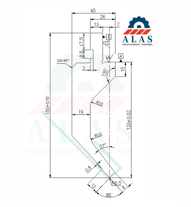 Custom press brake punch blueprint with &plusmn;0.02mm precision tolerance