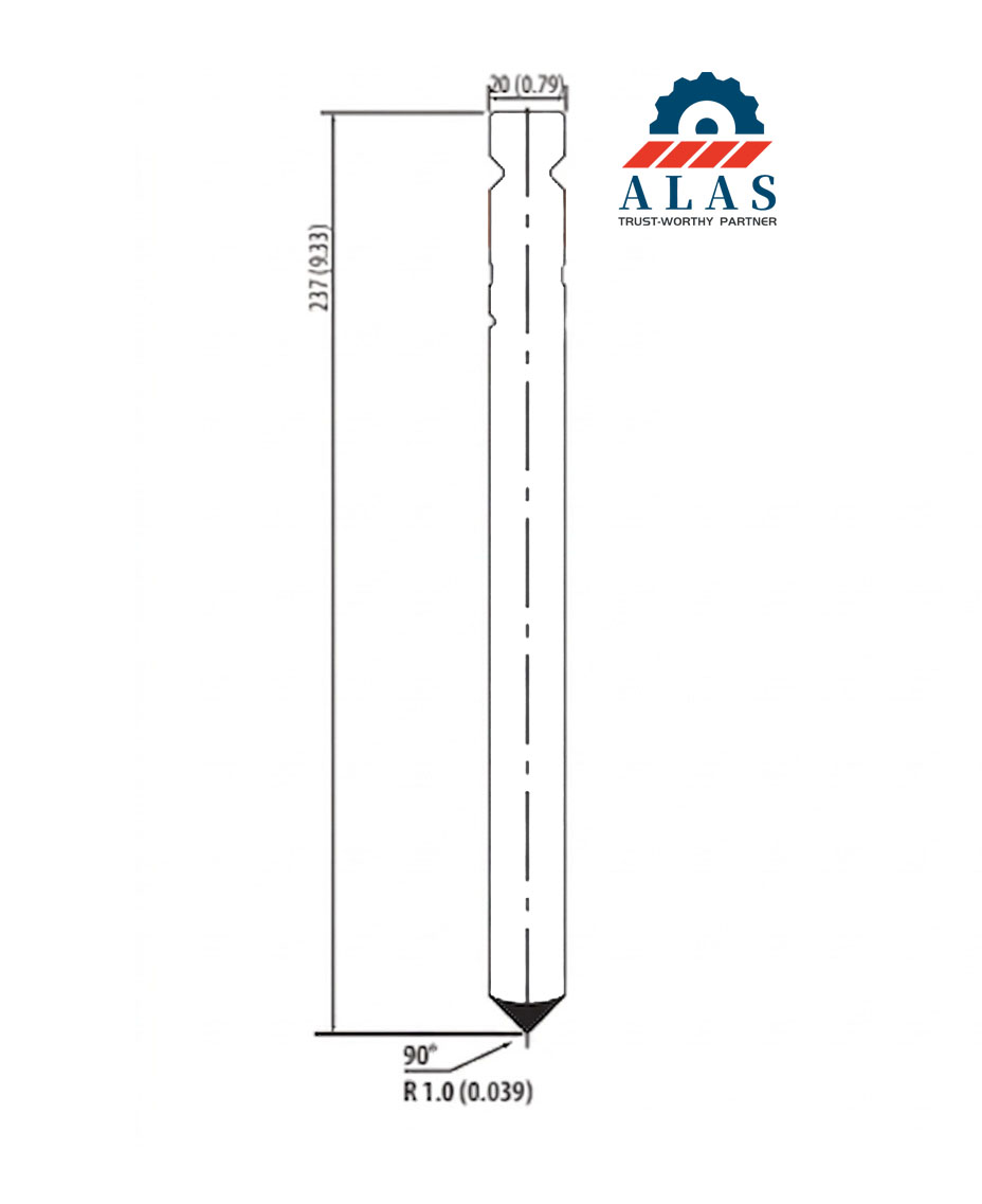 Technical dimensional blueprint of ALAS 237mm height straight solid extra tall upper die block