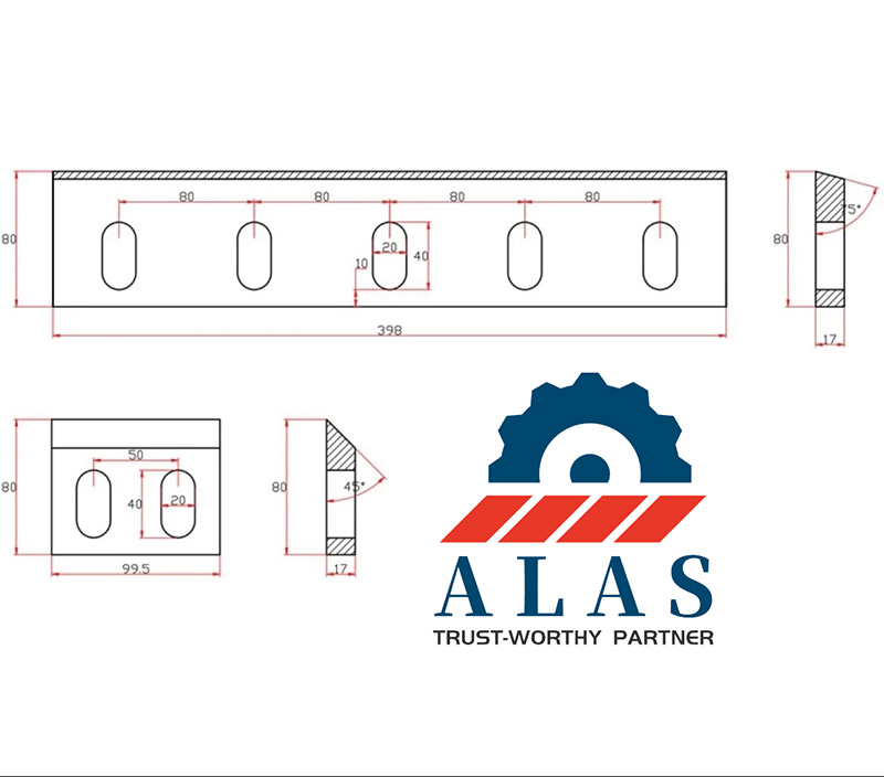 ALAS Plastic Granulator Blades Engineering Blueprint Precision technical engineering blueprint of ALAS plastic granulator blades showing exact multi-slot bolt hole dimensions and cutting angles