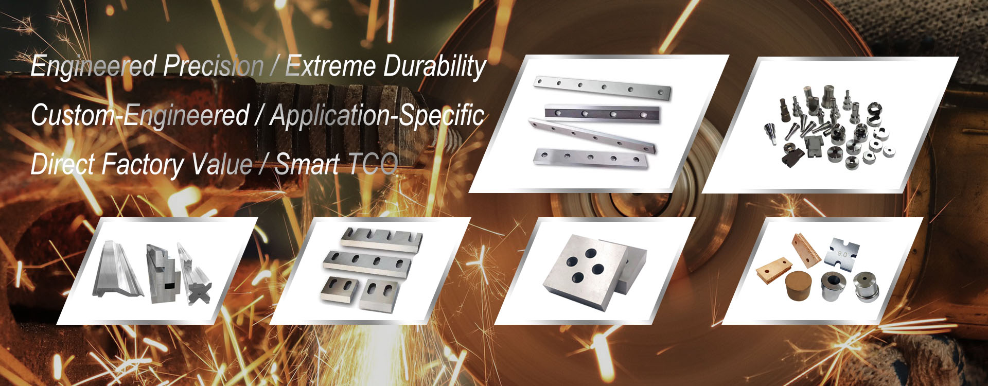 Collection of industrial tooling: shear blades, press brake dies, shredder knives, ironworker punches, and wear liners by ALAS.