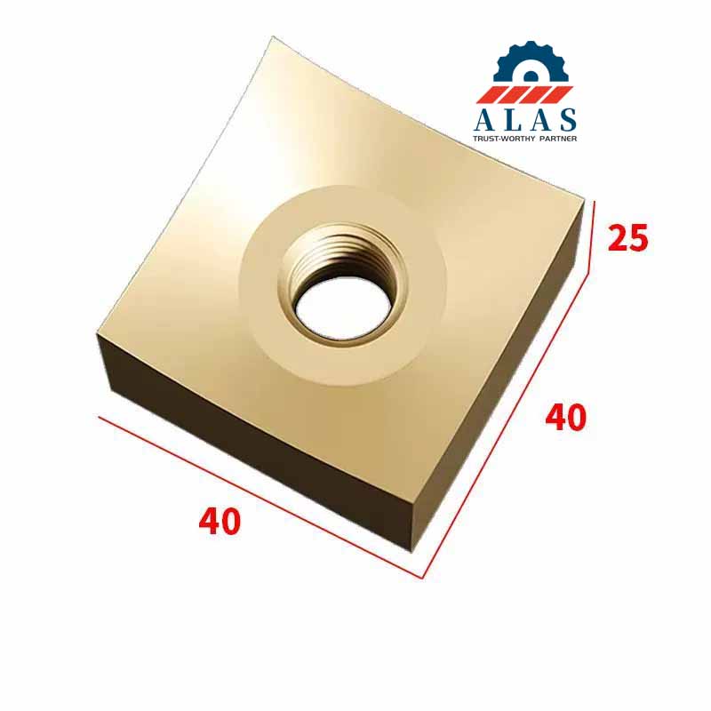 ALAS universal 40x40x25mm single shaft shredder blade blueprint rendering showcasing technical thickness profiles and countersunk M10 M12 mounting coordinates.