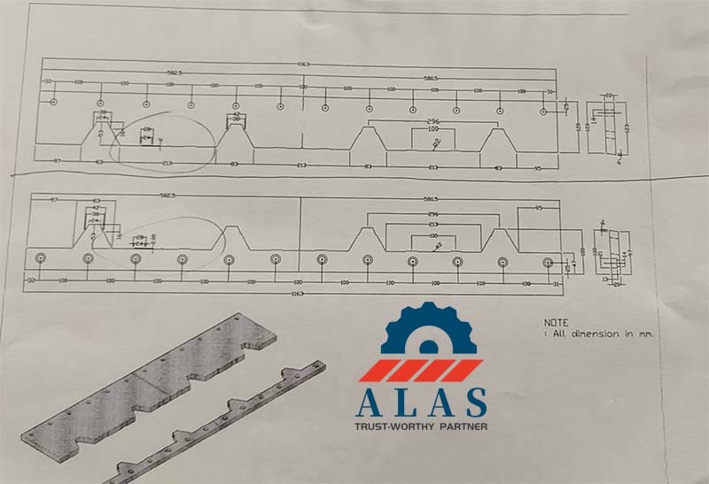 Engineering CAD blueprint and 3D render model of an interlocking male-female IBR trapezoidal box rib roofing sheet cutter