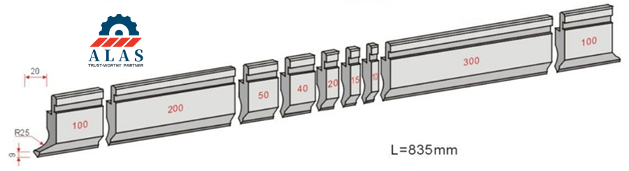 Technical drawing of segmented press brake die assembly showing modular sizes