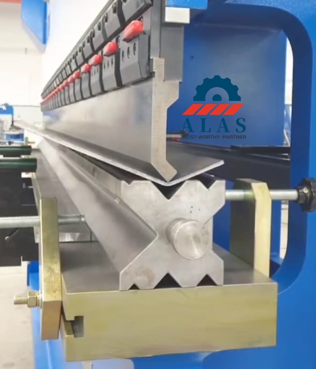 An active CNC press brake machine performing an acute angle bending operation on a metal sheet using a custom top punch.