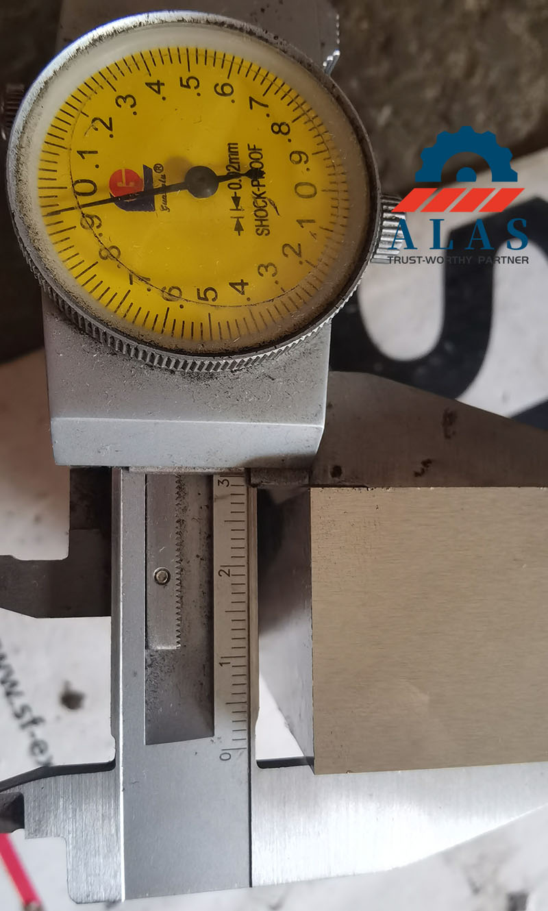 ALAS rebar cutter blade thickness tolerance measurement with a dial caliper