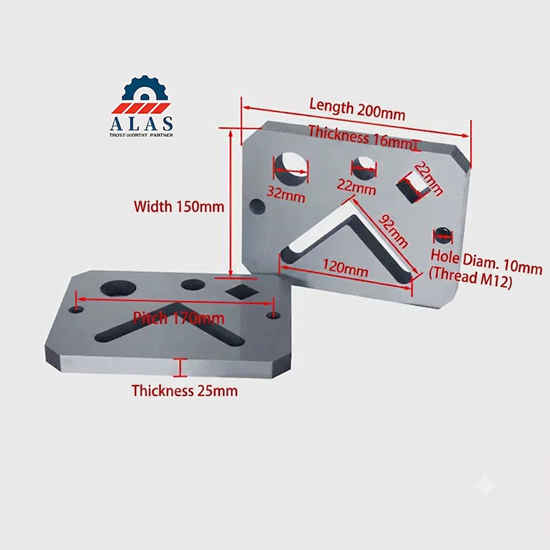 Technical dimension drawing of ALAS angle iron shear blades for ironworkers, showing 200mm length, 16mm thickness