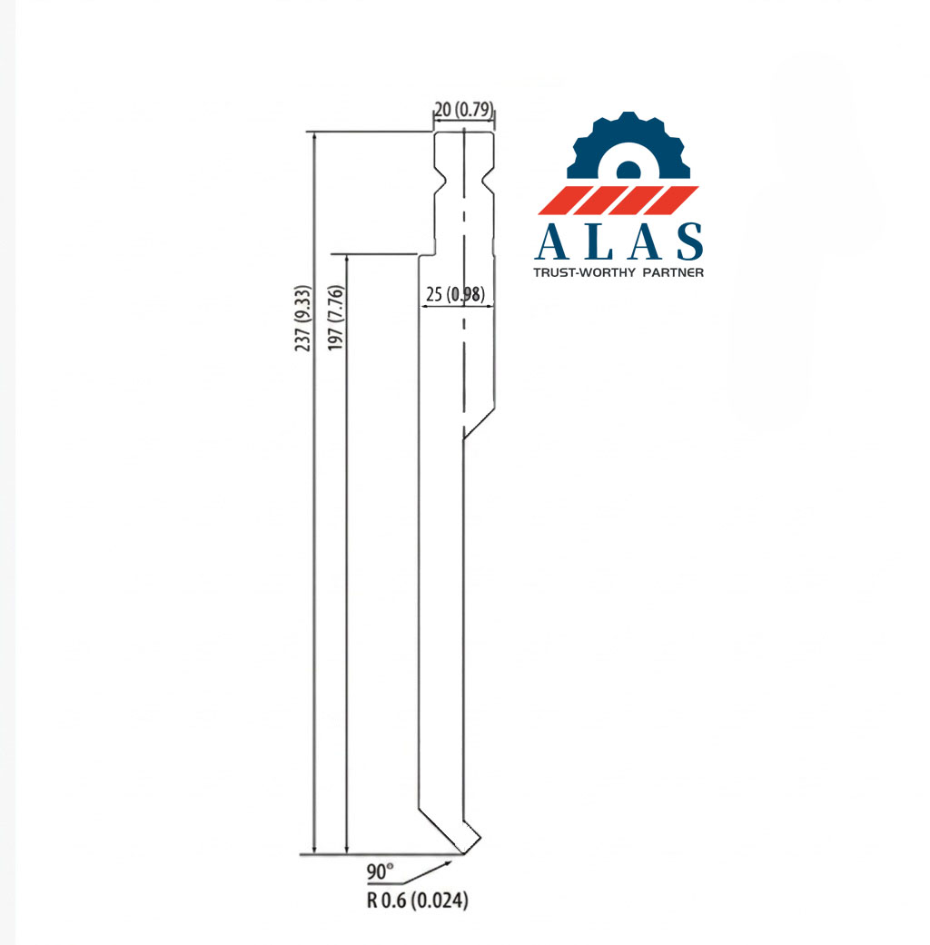 Technical cross-section blueprint of ALAS 237mm extra tall upper punch with 90-degree R0.6 precision tip