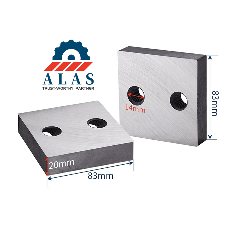 Square rebar cutter blade with dimensions of 83mm by 83mm, 20mm thickness, and 14mm dual threaded bolt holes