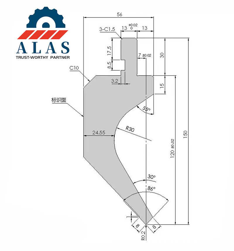 ALAS gooseneck press brake punch drawing: 150mm height, 86 degree tip angle, and R30 clearance profile specifications