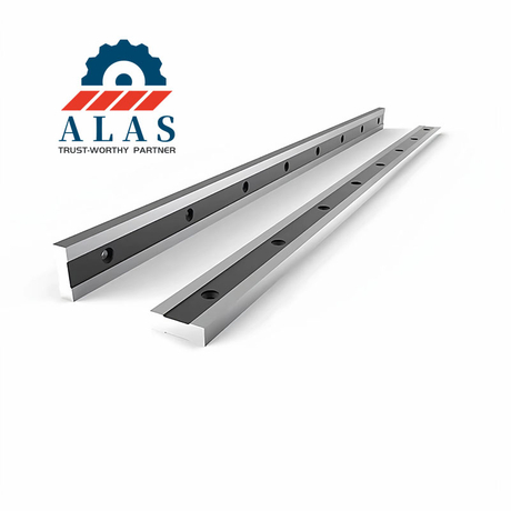 A match set of premium industrial shearing machine blades including upper and lower guillotine shear knives