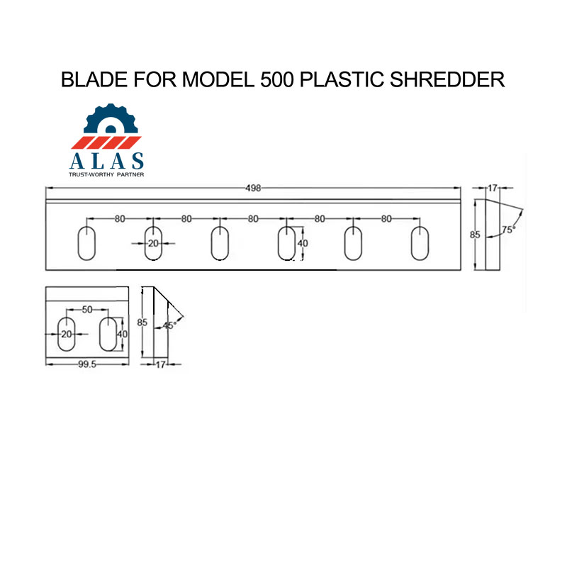 Technical CAD drawing and dimensions for model 500 plastic shredder blade and granulator knife