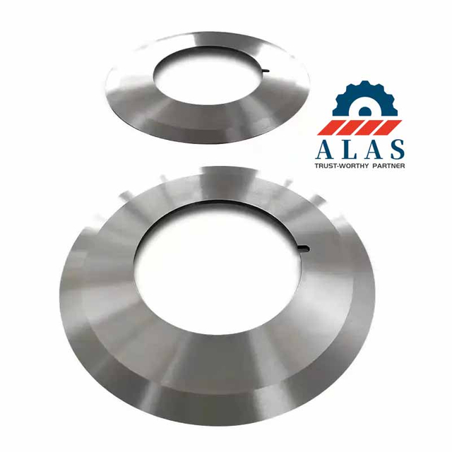 two high-precision single-bevel circular paper and tape cutting knives with standardized inner bores and driving slots.