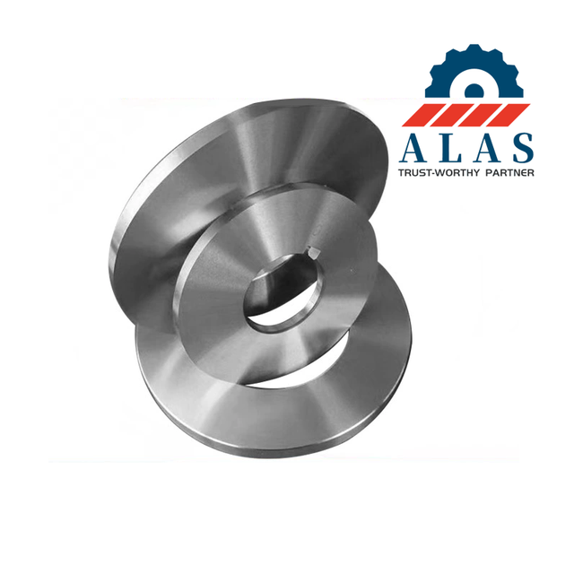 Two custom-size alloy steel circular slitting blades with driving keyways stacked together for precision thickness reference.