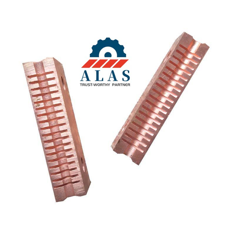White background product studio shot of two precision-broached alloy tool steel rebar upsetting clamps.