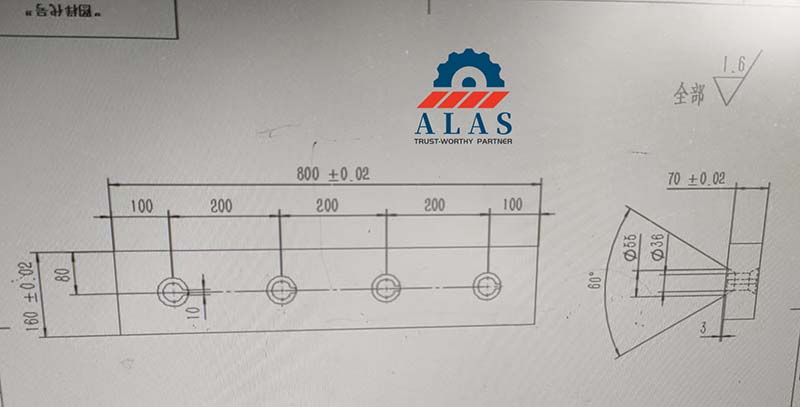 Detailed factory mechanical drawing with specific linear pitch and bevel tolerances for alligator shear retrofit