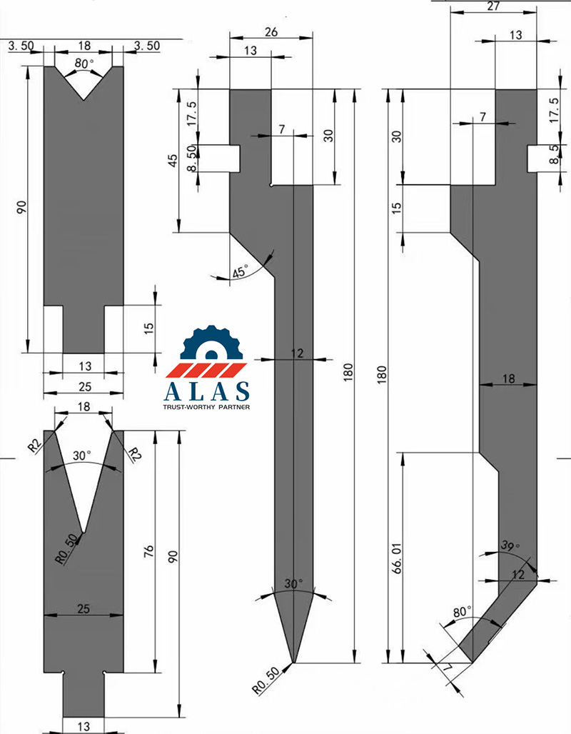 ALAS 2D CAD blueprint for custom 30 degree acute press brake punches