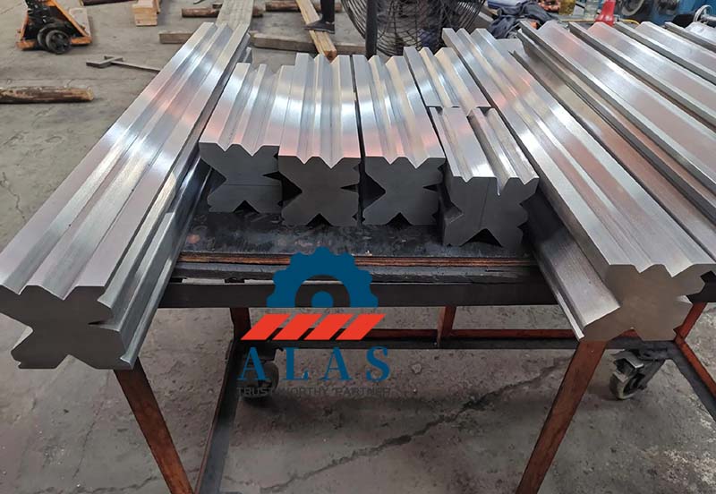 Side section view of ALAS 835mm segmented multi V bending blocks stacked in factory stock