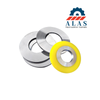 ALAS high-precision LD steel rotary slitter knife assembled with a yellow polyurethane stripper ring for scratch-free stainless steel processing.