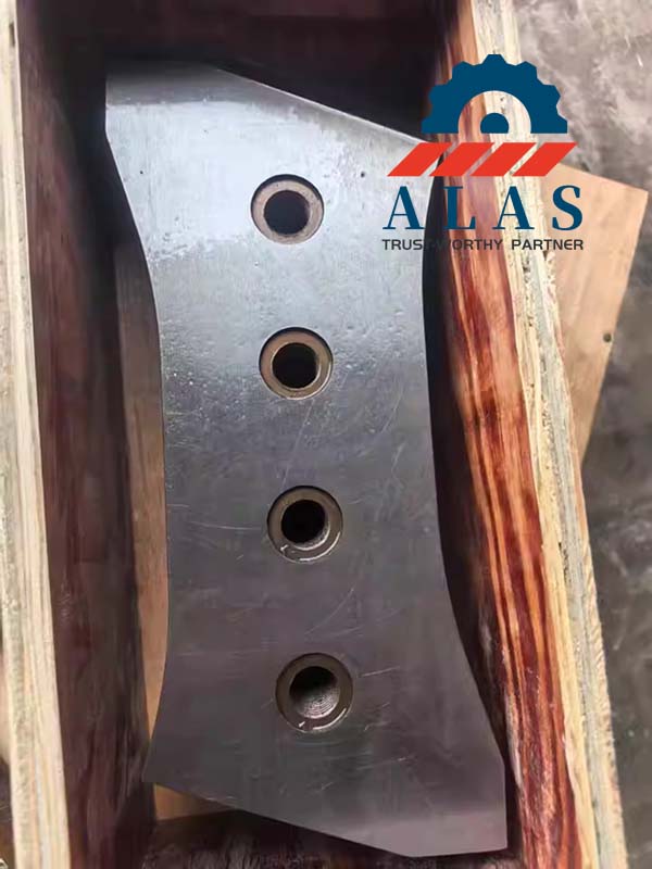 Individual mobile scrap shear piercing blade locked securely inside a custom sea freight wooden crate