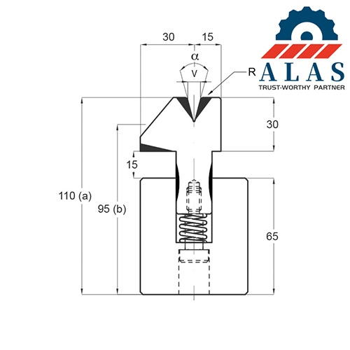 Technical engineering blueprint of a spring-loaded press brake hemming die showcasing acute V-opening dimensions and spring-actuated flattening mechanics.