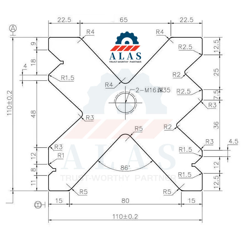 Custom engineering blueprint detailing a non-standard special geometric multi-V lower die block with a 110mm dimension profile