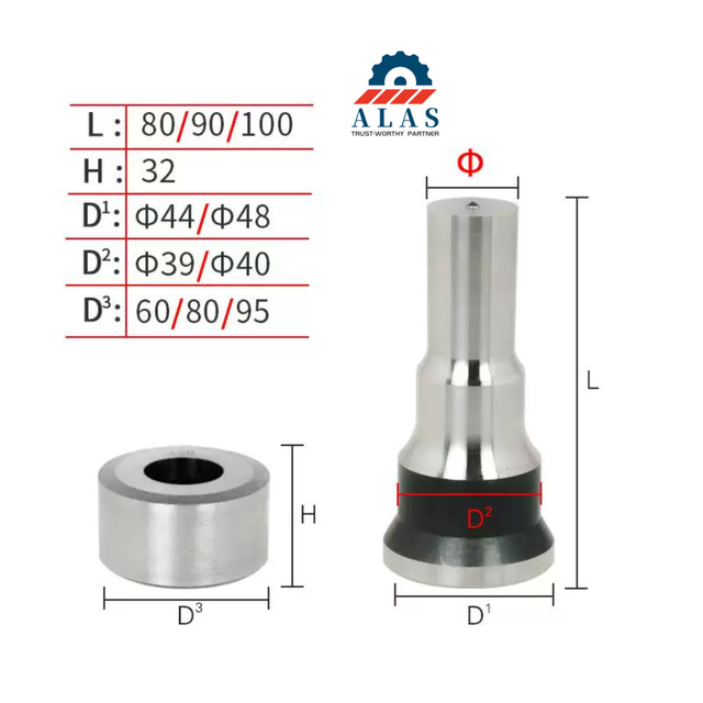 Technical dimension specification diagram of ALAS heavy duty D2 DC53 round ironworker punch and die set