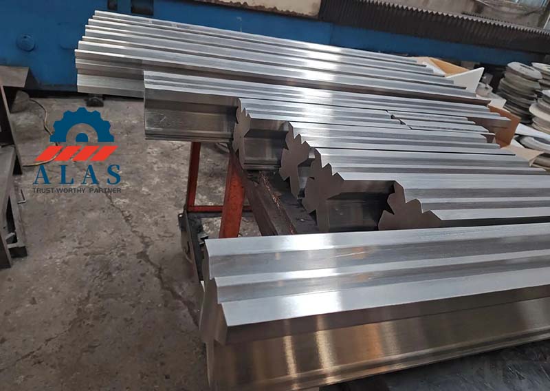 Front view of finished ALAS 42CrMo precision ground segmented multi-V press brake dies pair