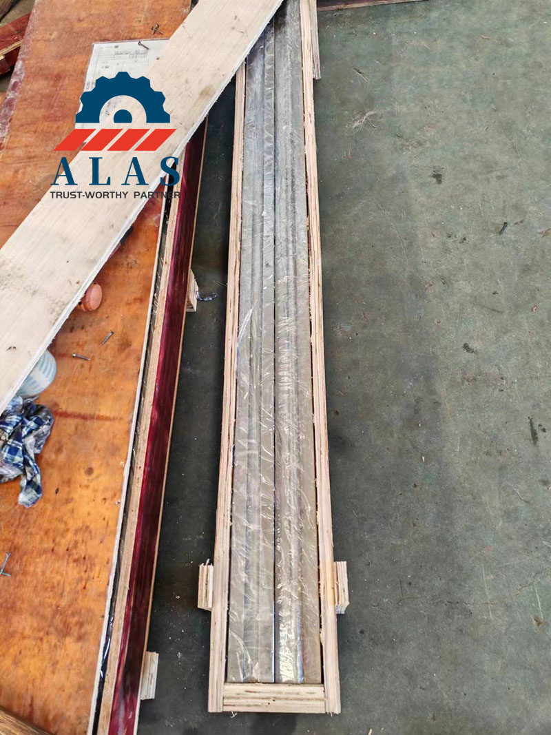 ALAS press brake tooling packed in an export wooden crate with protective film stretch wrapping, top view for shipping