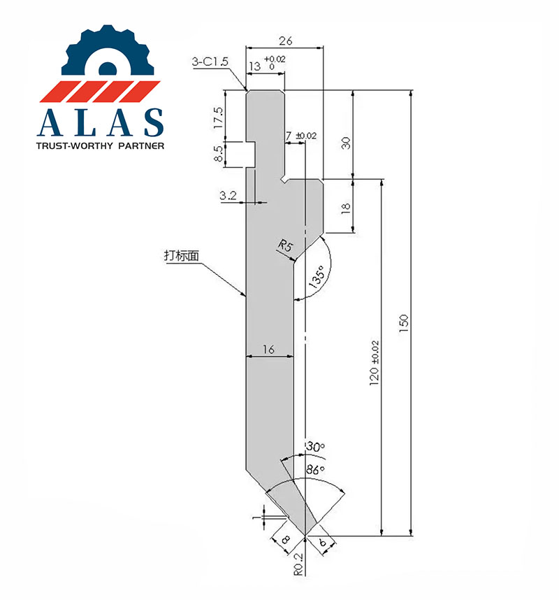 ALAS straight press brake punch blueprint: 150mm height, 86 degree tip angle, and standard Euro style clamping profile