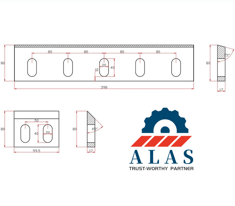 Technical dimension drawing of SKD-11 plastic shredder blades with custom angles