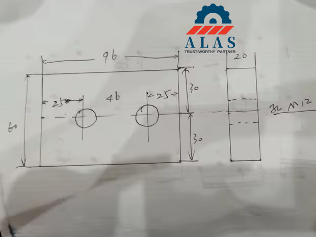 A hand-drawn engineering sketch detailing custom bar cutter blade metrics including thickness, length, and dual M12 bolt hole spacing