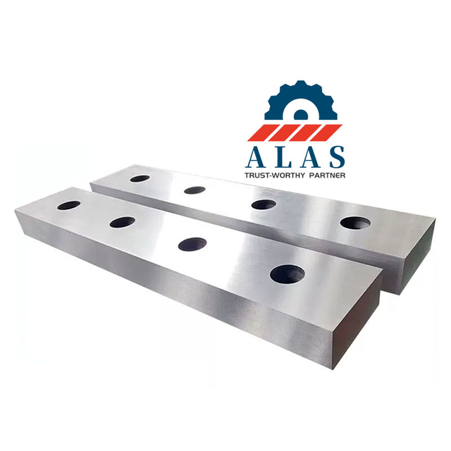 Pair of universal standard industrial scrap shear blades with precision ground countersunk holes on white background