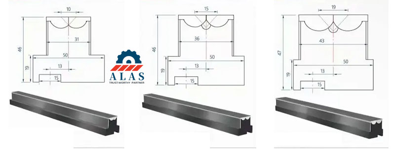 Technical drawing and dimension details of roller-type mark-free lower dies by ALAS Machinery