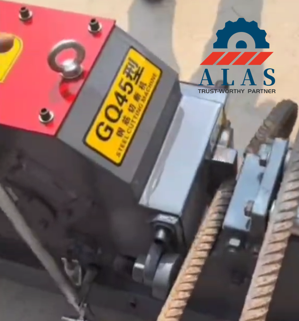 Industrial GQ45 rebar cutting machine with shear blades in action