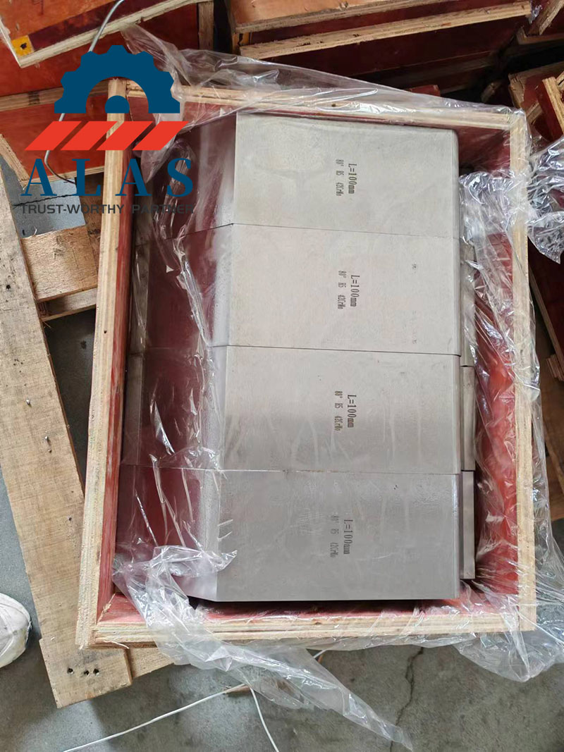 ALAS gooseneck press brake punches with length labels packed inside secure export wooden crate